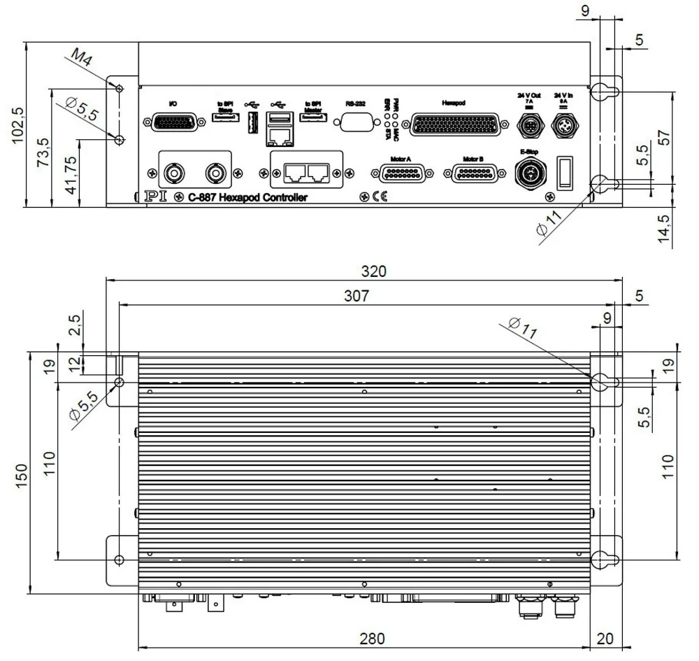 C-887.5xx, dimensions in mm. Version-dependent interfaces