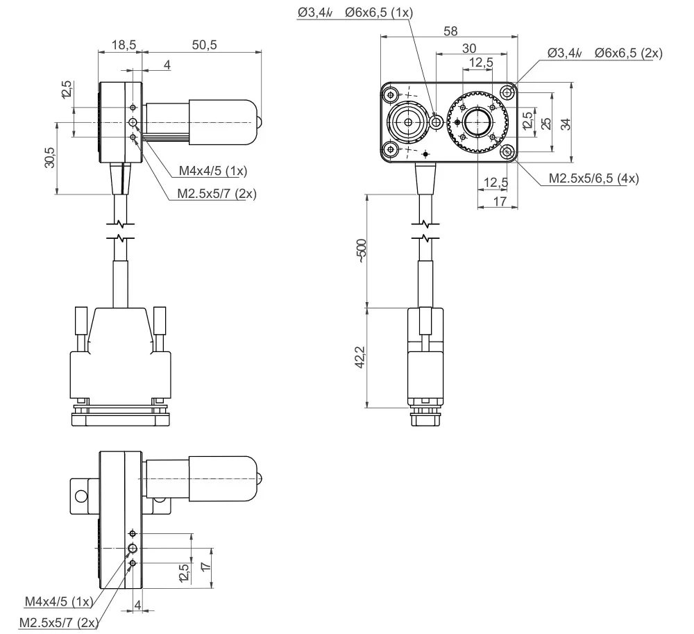 DT-34 with DC motor, dimensions in mm. Note that a comma is used in the drawings instead of a decimal point.