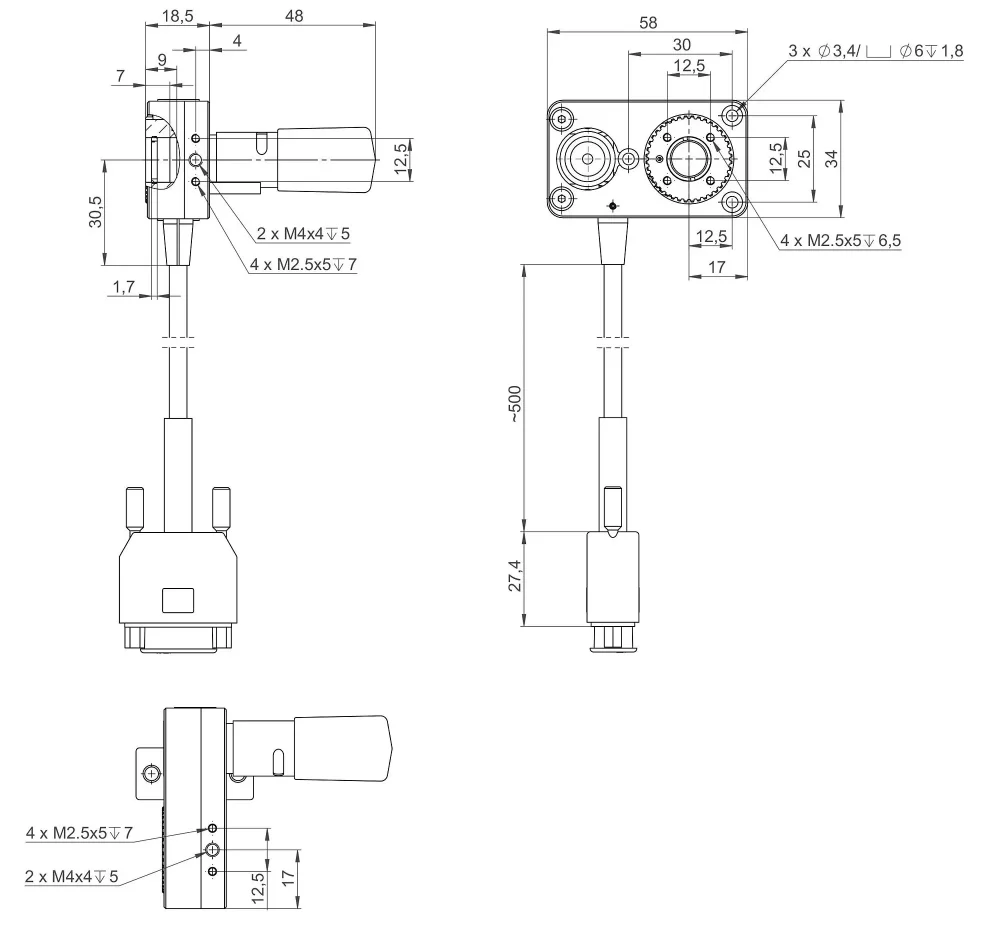 DT-34 with stepper motor, dimensions in mm. Note that a comma is used in the drawings instead of a decimal point.