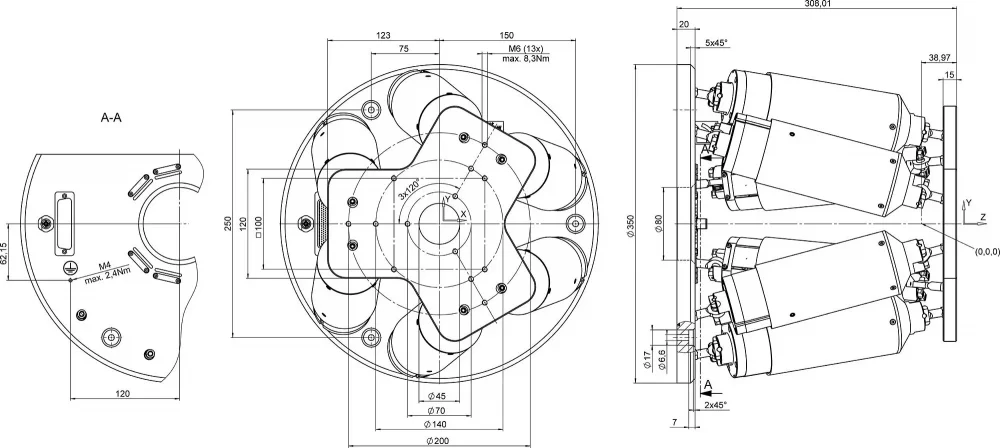 H-820.D2, dimensions in mm, at zero position of nominal travel range