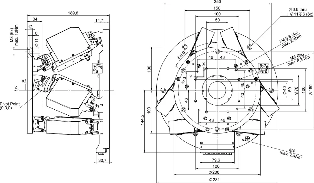 H-824, dimensions in mm, at zero position of nominal travel range