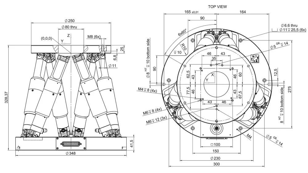 H-850.V, dimensions in mm, at zero position of nominal travel range
