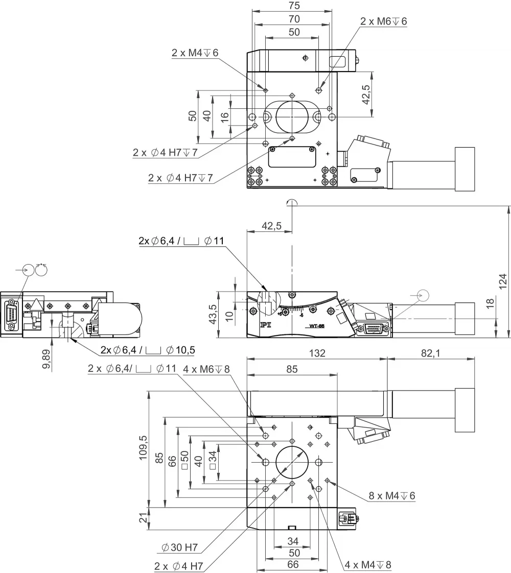 65409101, WT-85 goniometer with DC motor and incremental angle measuring system, dimensions in mm. Note that a comma is used in the drawings instead of a decimal point.