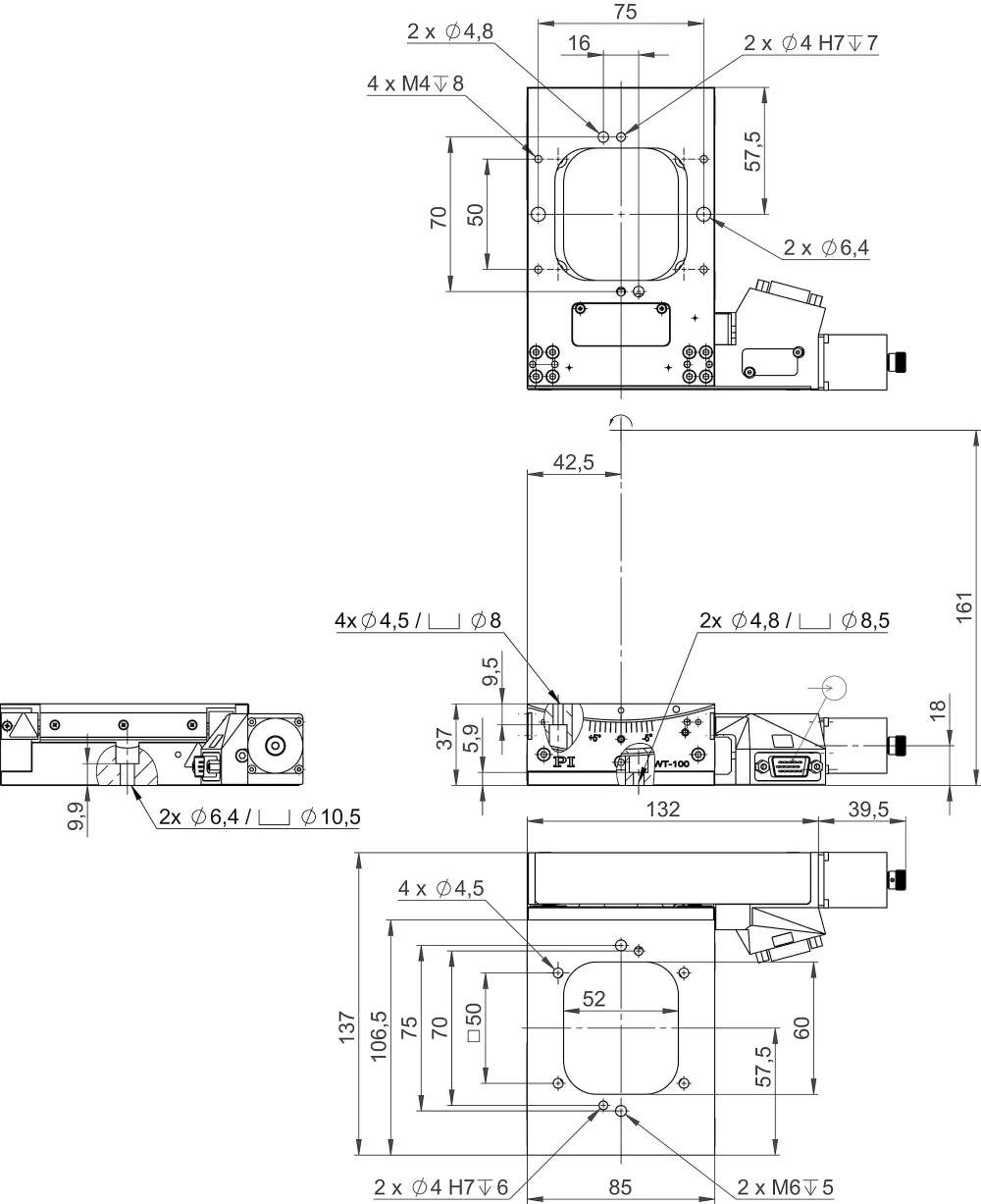 65419200-0001, WT-100 goniometer with stepper motor, dimensions in mm. Note that a comma is used in the drawings instead of a decimal point.