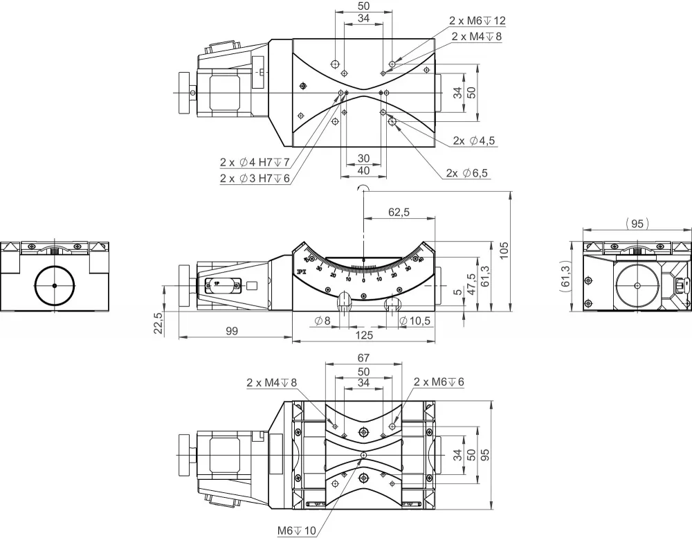 65509200, WT-90 goniometer with stepper motor. Dimensions in mm. Note that the decimal points are separated by a comma in the drawings.