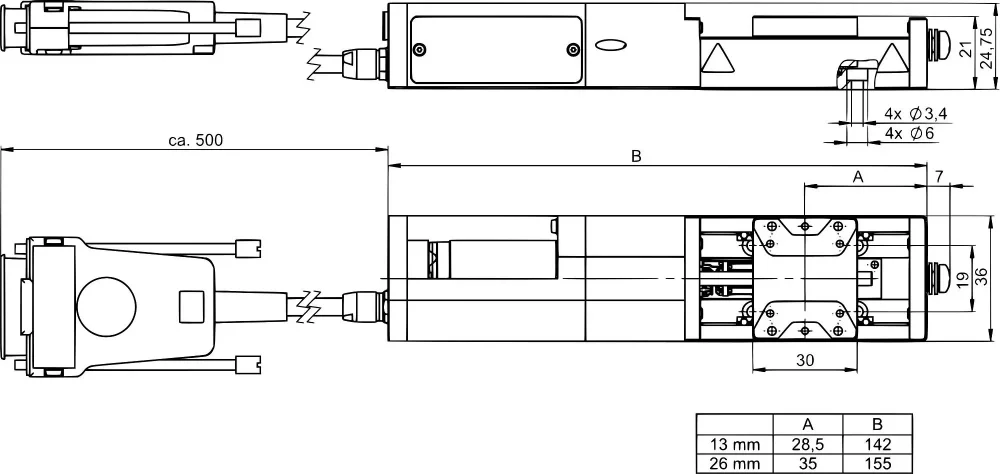 L-505 with direct fixed drive and DC motor, dimensions in mm