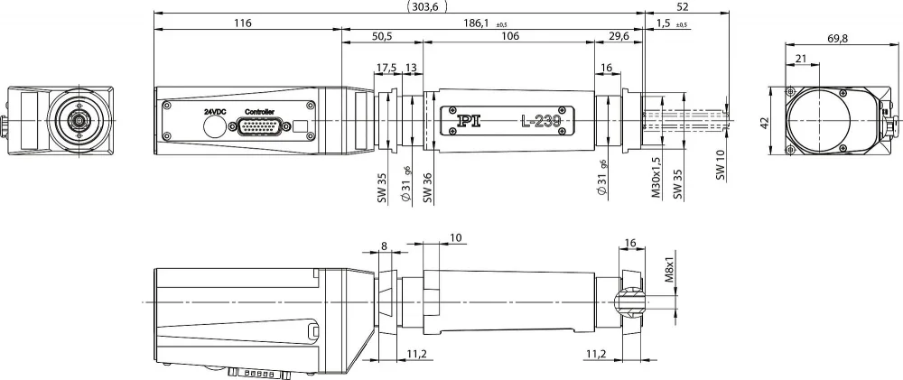 L-239.03x232, dimensions in mm. Note that a comma is used in the drawings instead of a decimal point.