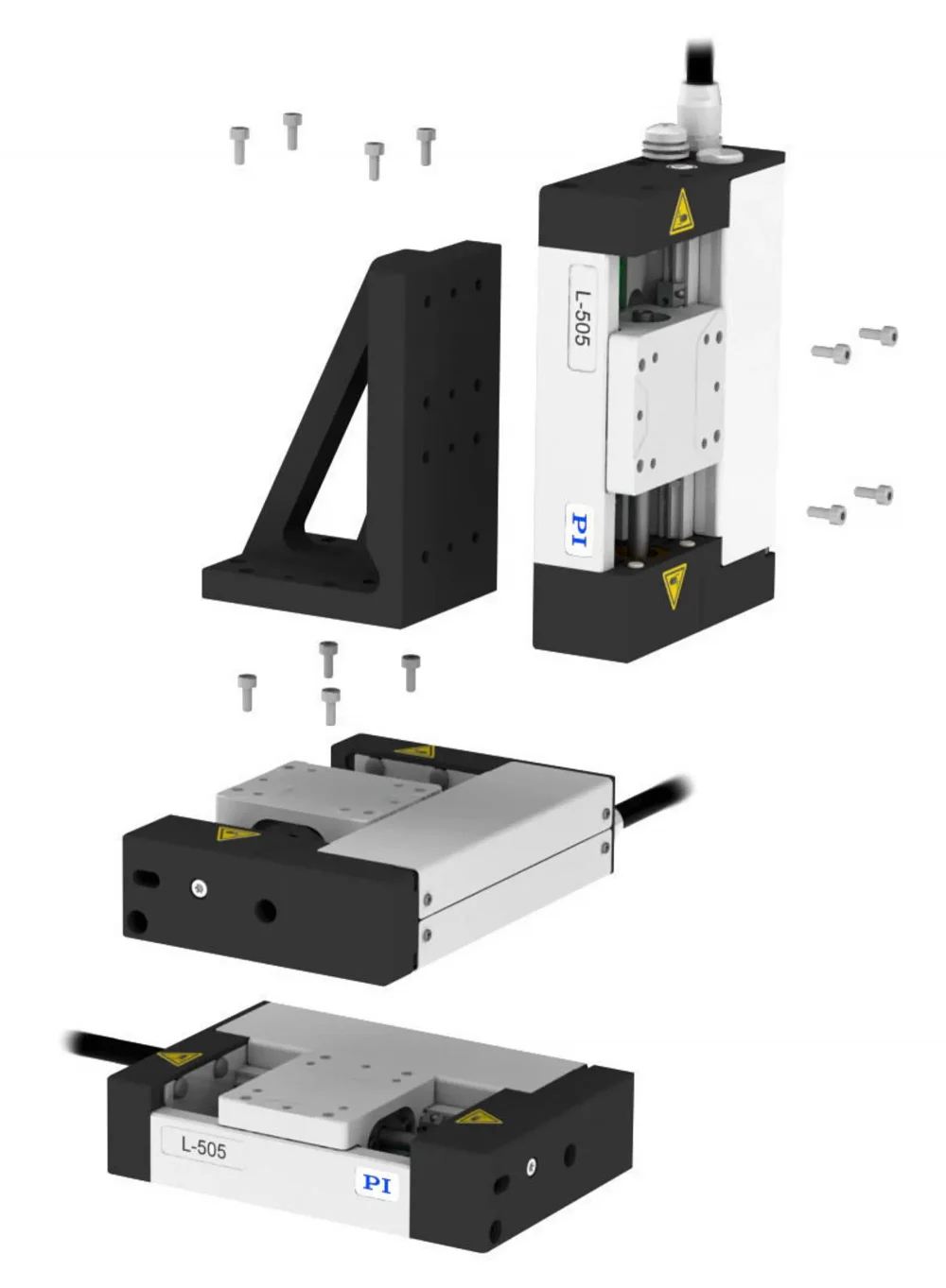 Exploded view of an XYZ assembly consisting of three L-505.023212F linear stages and L-505.AP1 adapter bracket