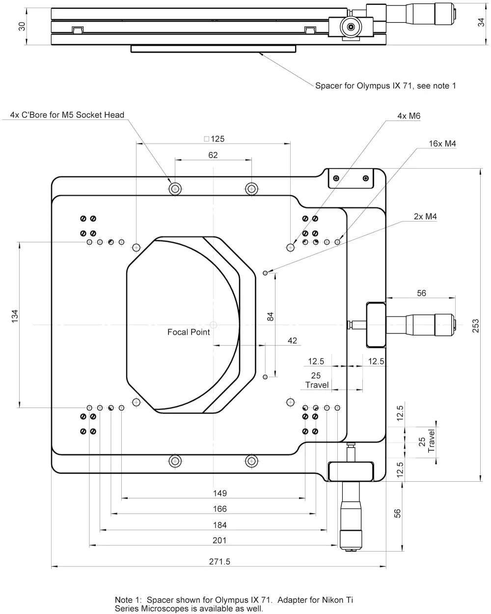 M-545.2MO and M-545.2MN: dimensions in mm. Delivery includes holders for Olympus respectively Nikon microscopes.