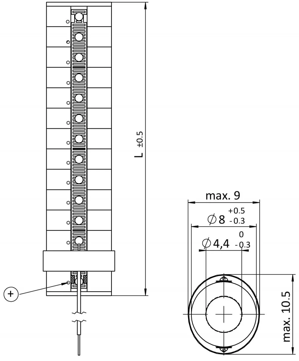 P-080 PICMA® Stack multilayer ring actuator, dimensions in mm. P-080.31x models: L = 8.5 mm; P-080.34x models: L = 16 mm; P-080.39x models: L = 36 mm.