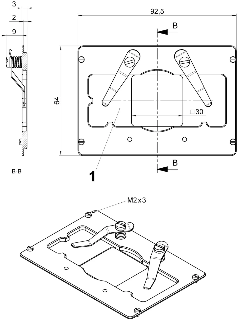 Accessories: P-545.SH3, microscope slide holder, dimensions in mm