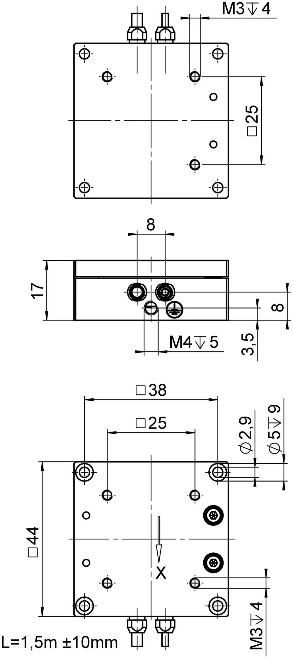 P-611.1S, dimensions in mm. Note that a comma is used in the drawings instead of a decimal point.