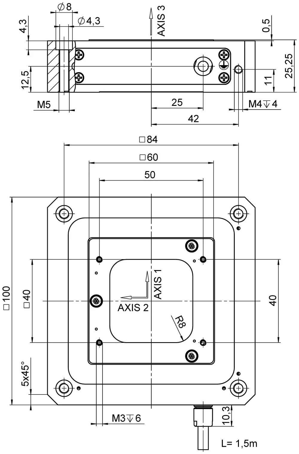 P-733.3CD / .3CL, dimensions in mm. Note that a comma is used in the drawings instead of a decimal point.