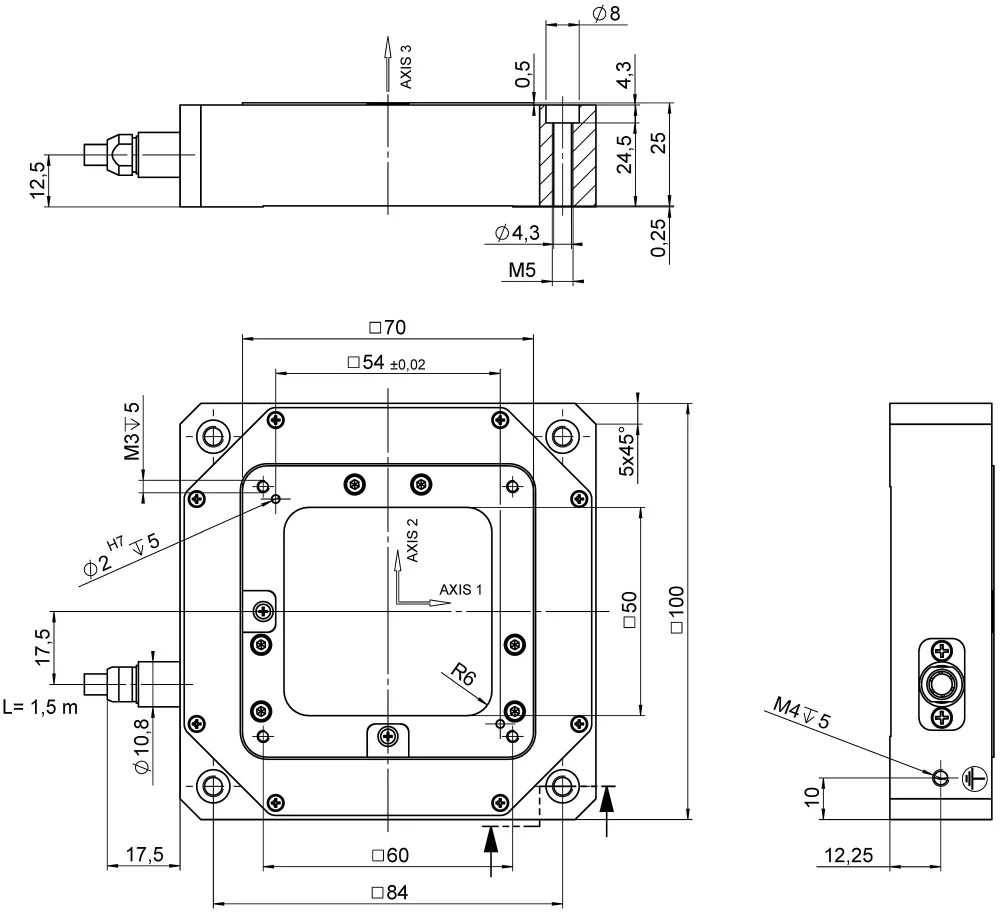 P-733.3DD, dimensions in mm. Note that a comma is used in the drawings instead of a decimal point.