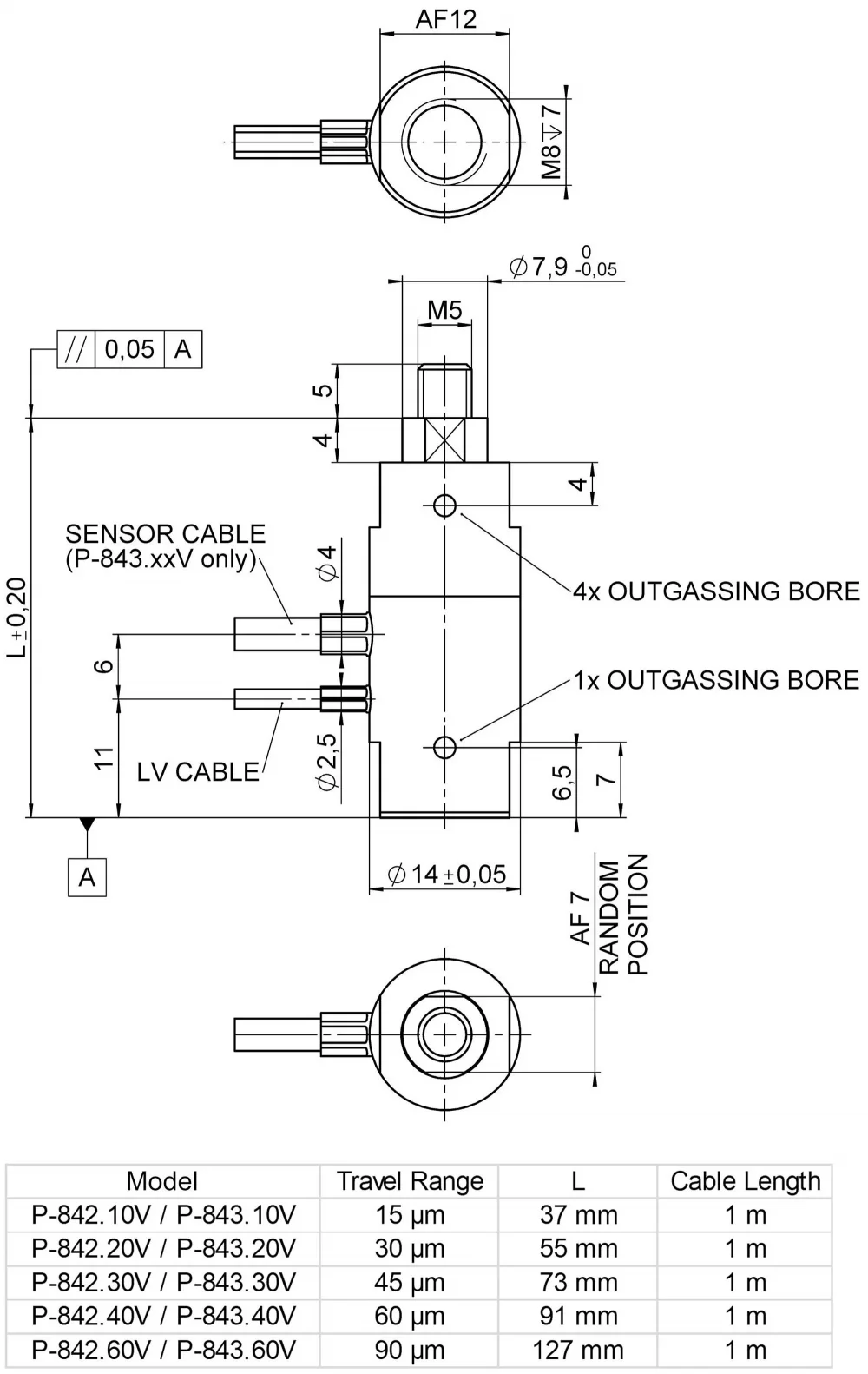 P-842.xxV / P-843.xxV, dimensions in mm. Sensor included only with P-843.xxV.