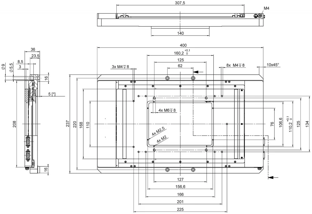 M-687.UO microscopy XY stage for Olympus microscopes, dimensions in mm. Note that a comma is used in the drawings instead of a decimal point.