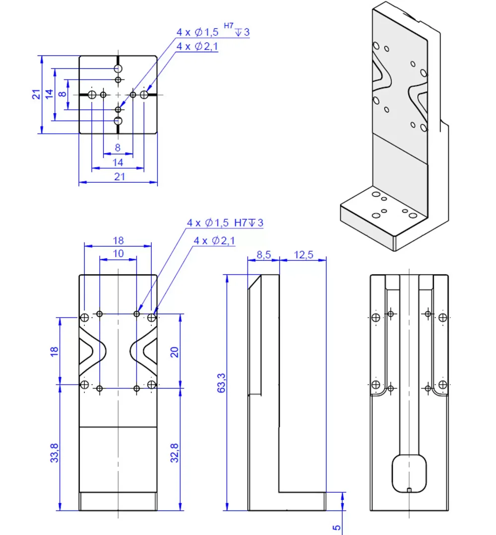 Adapter bracket Q-121.30U, dimensions in mm