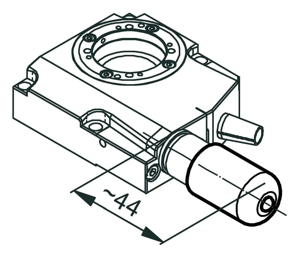 RS-40 rotation stage, DC motor, dimensions in mm. Note that a comma is used in the drawings instead of a decimal point.