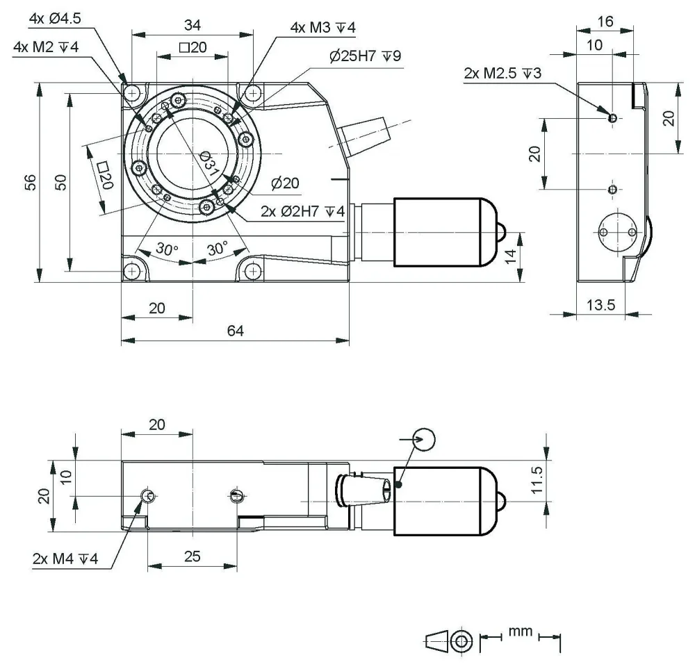 RS-40 rotation stage, dimensions in mm. Note that a comma is used in the drawings instead of a decimal point.
