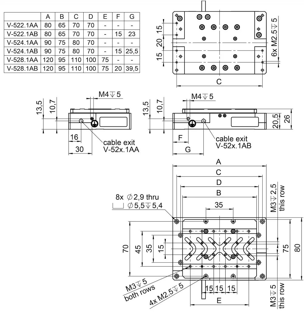V-52x, dimensions in mm