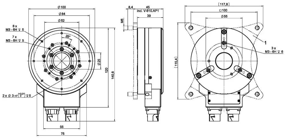 V-610.998061B, dimensions in mm. (1) V-610.AP1 optional adapter plate